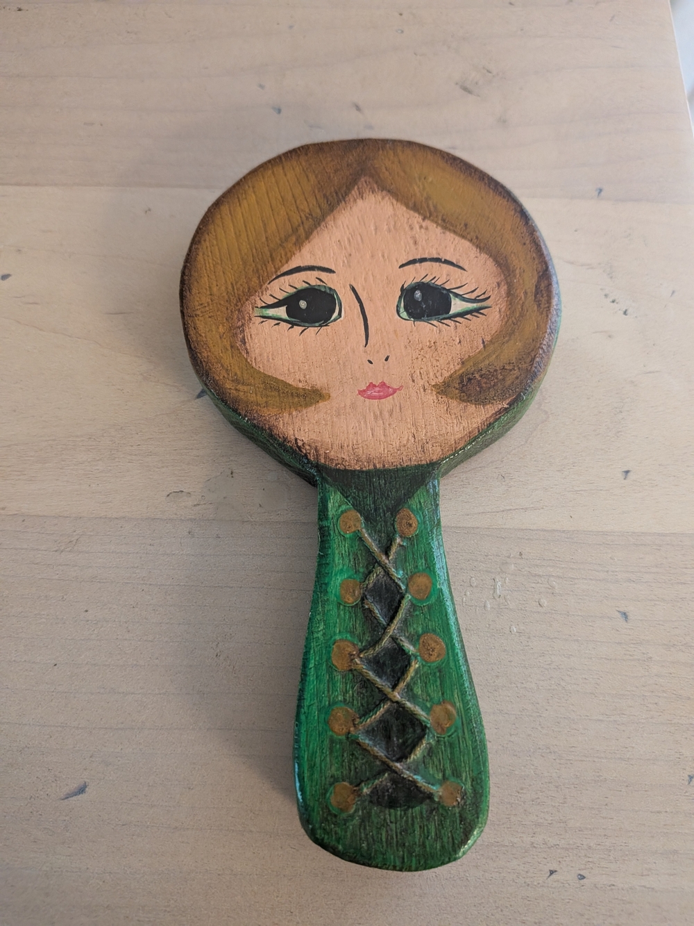 Hand Painted Wooden Hand Mirror Folk Art Green